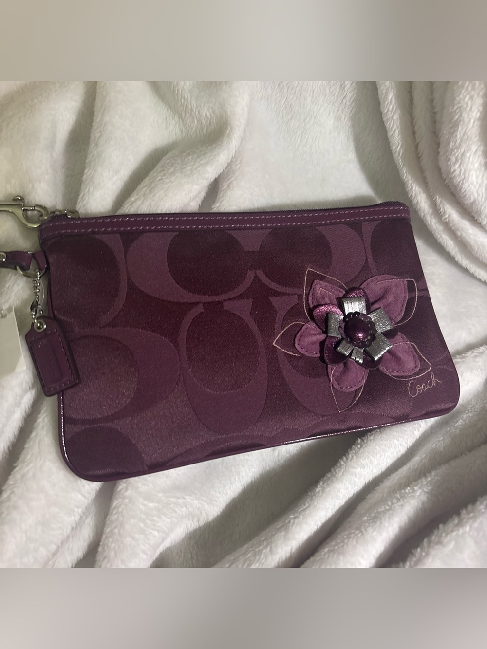 Coach Plum Signature Floral Appliqué Wristlet